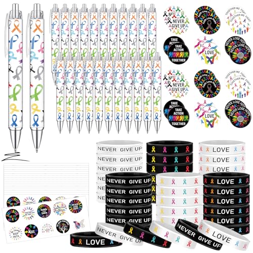 Sayglossy 168-teiliges Geschenk-Set mit Krebsbewusstseins-Thema, inklusive 36 Krebs-Abzeichen, 36 Bändern, Silikon-Armband, 36 Kugelschreiber und 60 Rollen-Aufkleber für Onkologie, Krankenschwestern von Sayglossy