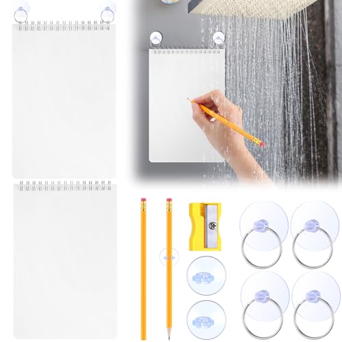 Sayglossy 2 Sets Dusch-Notizblock, wasserdicht, mit Bleistift, Saugnapf, Bleistiftspitzer-Sets, wasserdichter Dusch-Notizblock mit wasserdichtem Papier für Badezimmer, Zuhause, Büro, Wand von Sayglossy