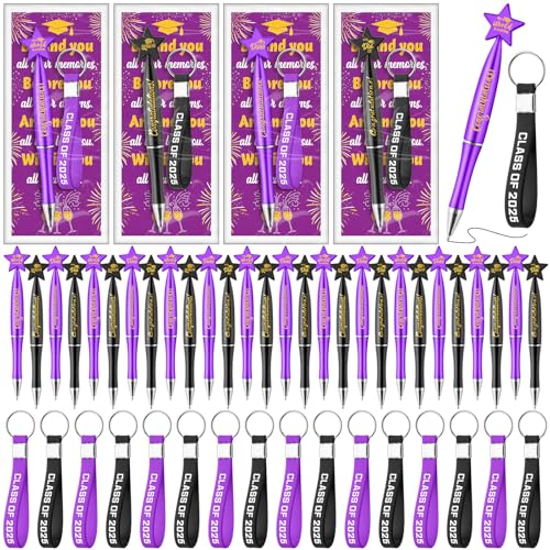 Sayglossy 36-teiliges Set mit Sternstiften, Silikon-Schlüsselanhänger, Lesezeichen und Geschenktüten für Absolventen, Lehrer, Klassenkameraden, Abschlussfeier, Partyzubehör (Schwarz, Lila) von Sayglossy