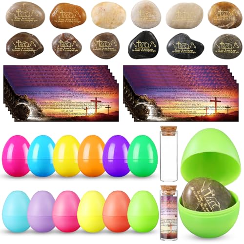 Saypacck 24 Sets christliche Geschenke Ostern Gravierte Steine Ostereier Ostergruß Gebetskarten Glasflasche Religiöse inspirierende Glaube Felsen für Ostern Sonntag Schule Kirche Geschenke von Saypacck