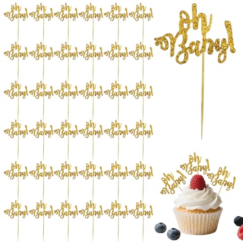 Tortenaufsätze für Babypartys, goldfarben, 36 Stück, Motiv: Oh Baby, Cupcake-Topper für Babyparty, Babyparty, Dekoration für Kuchen, Cupcakes und Party-Desserts von Sazoqunon