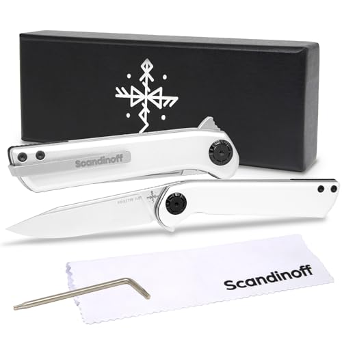 Scandinoff Klappmesser - Aluminiumgriff - Einhandmesser - 80mm Klinge - Taschenmesser - Klingenform „Modern SEAX“ - Sandvik 14C28N Stahl - EDC Messer für Outdoor, Wandern, Camping | Pocketor Slim Alu von Scandinoff