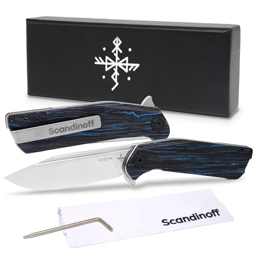Scandinoff Klappmesser - Einhandmesser - 95mm Klinge - Taschenmesser - Klingenform „Modern SEAX“ - Sandvik 14C28N Stahl - EDC Messer für Outdoor, Wandern, Camping und mehr | Pocketor 95 Nordic Sky von Scandinoff