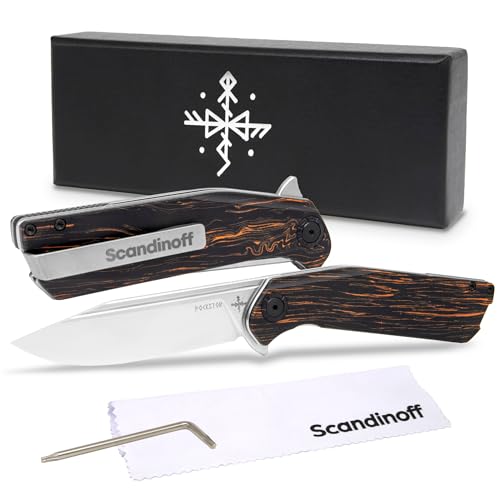 Scandinoff Klappmesser - Einhandmesser - 95mm Klinge - Taschenmesser - Klingenform „Modern SEAX“ - Sandvik 14C28N Stahl - EDC Messer für Outdoor, Wandern, Camping und mehr | Pocketor 95 Nordic Wood von Scandinoff