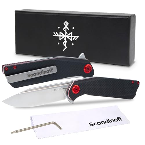 Scandinoff Klappmesser - Einhandmesser - 95mm Klinge - Taschenmesser - Klingenform „Modern SEAX“ - Sandvik 14C28N Stahl - EDC Messer für Outdoor, Wandern | Folding Knife | Pocketor 95 Carbon Fiber von Scandinoff