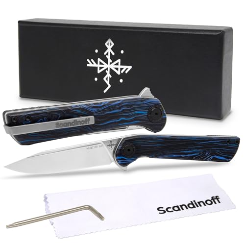 Scandinoff Klappmesser Slim - Einhandmesser - 80mm Klinge - Leicht Taschenmesser - Klingenform „Modern SEAX“ - Sandvik 14C28N Stahl - EDC Messer für Outdoor, Camping | Pocketor Slim Nordic Sky von Scandinoff