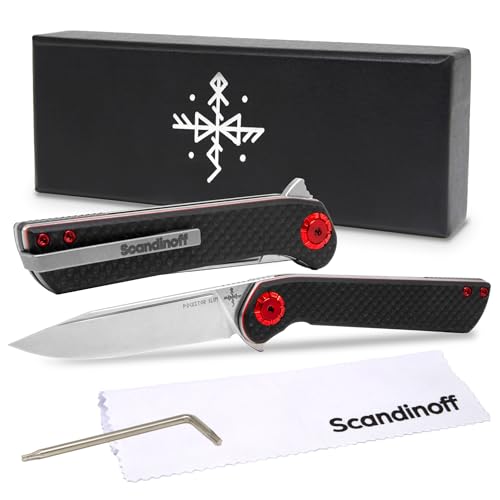Scandinoff Klappmesser Slim - Einhandmesser - 80mm Klinge - Leicht Taschenmesser - Klingenform „Modern SEAX“ - Sandvik 14C28N Stahl - EDC Messer für Outdoor, Wandern | Pocketor Slim Carbon Fiber von Scandinoff