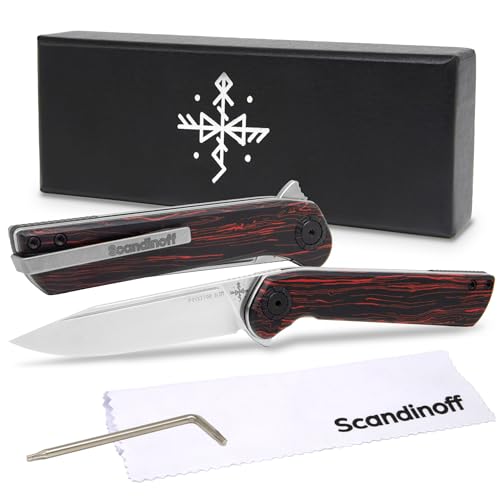 Scandinoff Klappmesser Slim - Einhandmesser - 80mm Klinge - Leicht Taschenmesser - Klingenform „Modern SEAX“ - Sandvik 14C28N Stahl - EDC Messer für Outdoor, Wandern | Pocketor Slim Nordic Blood von Scandinoff