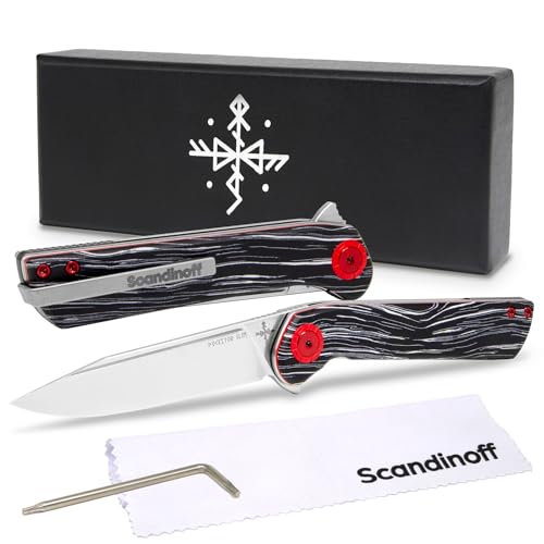 Scandinoff Klappmesser Slim - Einhandmesser - 80mm Klinge - Leicht Taschenmesser - Klingenform „Modern SEAX“ - Sandvik 14C28N Stahl - EDC Messer für Outdoor, Wandern | Pocketor Slim Nordic Night von Scandinoff