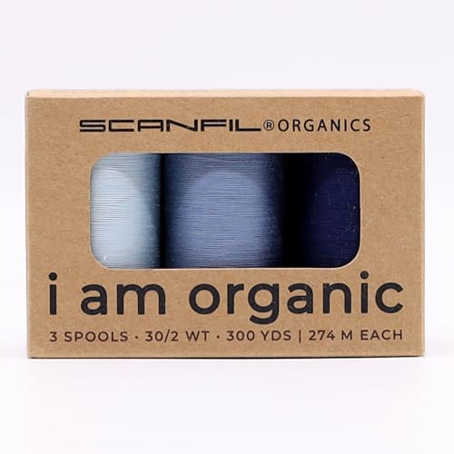 I Am Bio-Garn, 3 Spulen, je 30/2 W, 300 m, GOTS- und Öko-Tex-zertifiziert (Denim Blues – Winter Sky, Blue Shadow & Bellwether Blue) von Scanfil