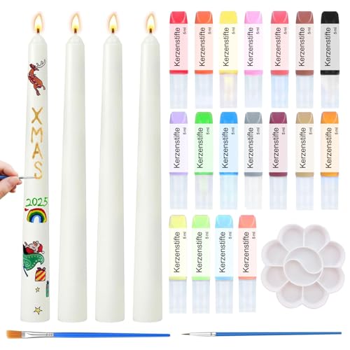 Scentoria Kerzen Bemalen Set, 18x5ml Kerzenstifte, 4 Stück Kerzen, Stabkerzen Weiß, Wachsstifte für Kerzen, Kerzenstifte zum Verzieren, Tafelkerzen, Kerzenstifte für Kerzen, Keramik, Glas-je 5 ml von Scentoria