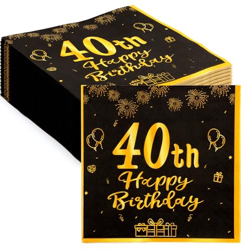 60 Stück Servietten zum Geburtstag Happy 40 Jahre, Scettar Servietten für Partys, Happy Birthday Dekoration, Papierservietten, Gold Schwarz, Papierservietten, dekoriert, Einweg-Servietten für Deko von Scettar