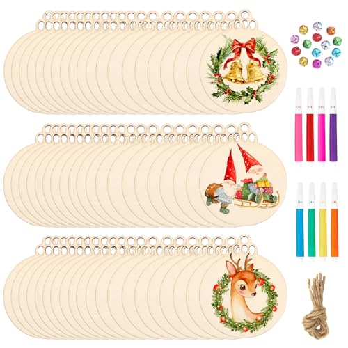 Scettar 60 Stück Holzscheiben (9 cm), Dicke 2 mm, dekoratives Holz mit Löchern, zum Basteln, Weihnachtsdekoration, Schriften und Malen, mit 24 Stück Hanfseil, 30 Glocken und 8 farbigen Stiften von Scettar