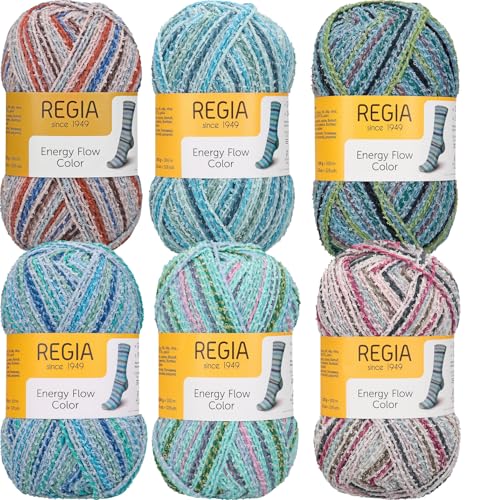 Regia Sockenwolle Set 4-fädig, mit Baumwolle, 6x100g Sockengarn Paket 4-fach, Strumpfwolle gemustert mit Farbverlauf, trocknergeeignet, 42% Schurwolle, 33% Baumwolle, 25% Polyamid Regia Sockenwolle Set 4-fädig, mit Baumwolle, 6x100g Sockengarn Paket 4-fach, Strumpfwolle gemustert mit Farbverlauf, trocknergeeignet, 42% Schurwolle, 33% Baumwolle, 25% Polyamid von Schachenmayr since 1822