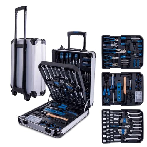 Scheppach 187-tlg Werkzeugkoffer WZT187 Werkzeugkasten Werkzeugkiste Werkzeug Trolley | fahrbar | ausziehbarer Griff | mit Schraubenzieher | Hammer | Zangen | Steckschlüsselset | Aluminiumkoffer von Scheppach