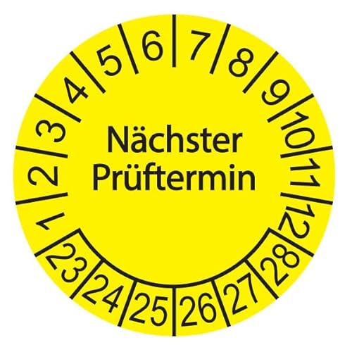 100 x Prüfplakette/Sicherheitsplakette 20 mm Durchmesser mit untersch. Beschriftungen (100, Nächster Prüftermin - gelb) von Schilderkröten