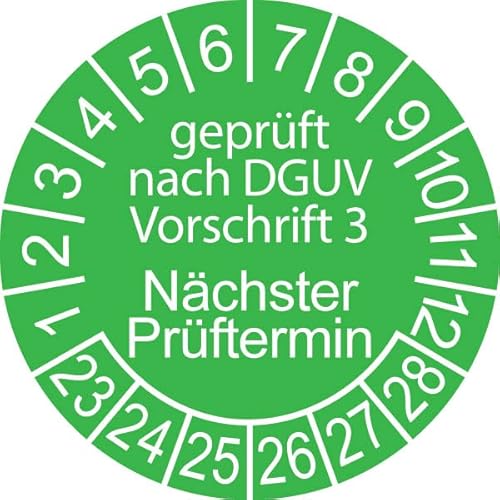 100 x Prüfplakette/Sicherheitsplakette 30 mm Durchmesser mit untersch. Beschriftungen (100 Stück, Geprüft nach DGUV 3 - Nächster Prüftermin - grün) von Schilderkröten