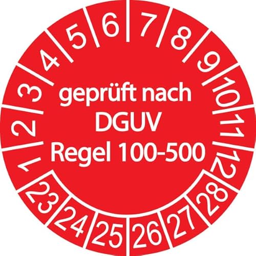 100 x Prüfplakette/Sicherheitsplakette 30 mm Durchmesser mit untersch. Beschriftungen (100 Stück, Geprüft nach DGUV Regel 100-500 rot) von Schilderkröten