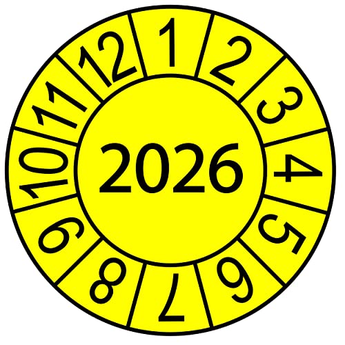 100 x Prüfplakette/Sicherheitsplakette 30 mm Durchmesser mit untersch. Beschriftungen (100 Stück, Jahresplakette 2026 - gelb) von Schilderkröten
