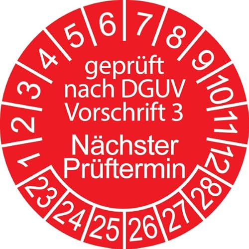 1000 x Prüfplakette/Sicherheitsplakette 20 mm Durchmesser mit untersch. Beschriftungen (1000, Geprüft nach DGUV 3 - Nächster Prüftermin - rot) von Schilderkröten