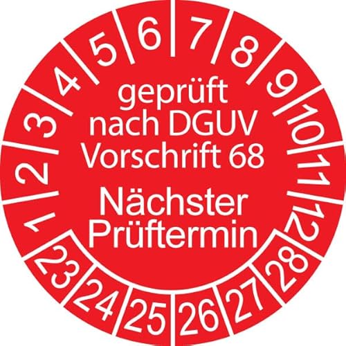 50 x Prüfplakette/Sicherheitsplakette 20 mm Durchmesser mit untersch. Beschriftungen (50, Geprüft nach DGUV 68 - Nächster Prüftermin - rot) von Schilderkröten