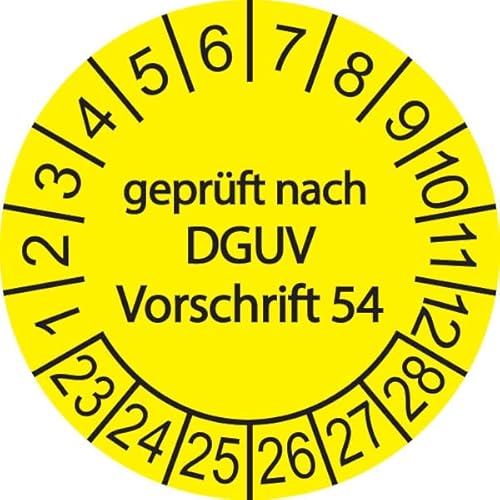 50 x Prüfplakette / Sicherheitsplakette 20 mm Durchmesser mit untersch. Beschriftungen (Geprüft nach DGUV 54 - gelb) von Schilderkröten