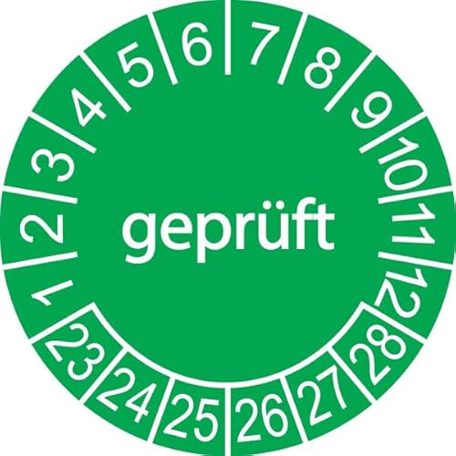 50 x Prüfplakette/Sicherheitsplakette 20 mm Durchmesser mit untersch. Beschriftungen (geprüft - grün/weiß) von Schilderkröten