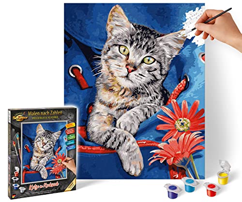 Schipper 609240842 Malen nach Zahlen, Katze im Rucksack-Bilder malen für Erwachsene, inklusive Pinsel und Acrylfarben, 24 x 30 cm von Noris