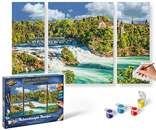 Schipper 609260888 Malen nach Zahlen –Naturschauspiel Rheinfall- Bilder malen für Erwachsene, inklusive Pinsel und Acrylfarben, Triptychon, 50 x 80 cm von Schipper