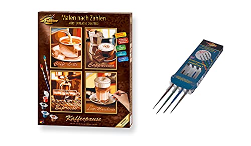 Schipper 609340553AMA Malen nach Zahlen, Kaffeepause und Spezialpinsel Set Bundle - Bilder malen für Erwachsene, inklusive Pinsel und Acrylfarben, Quattro je 18 x 24 cm [Exklusiv für Amazon] von Schipper