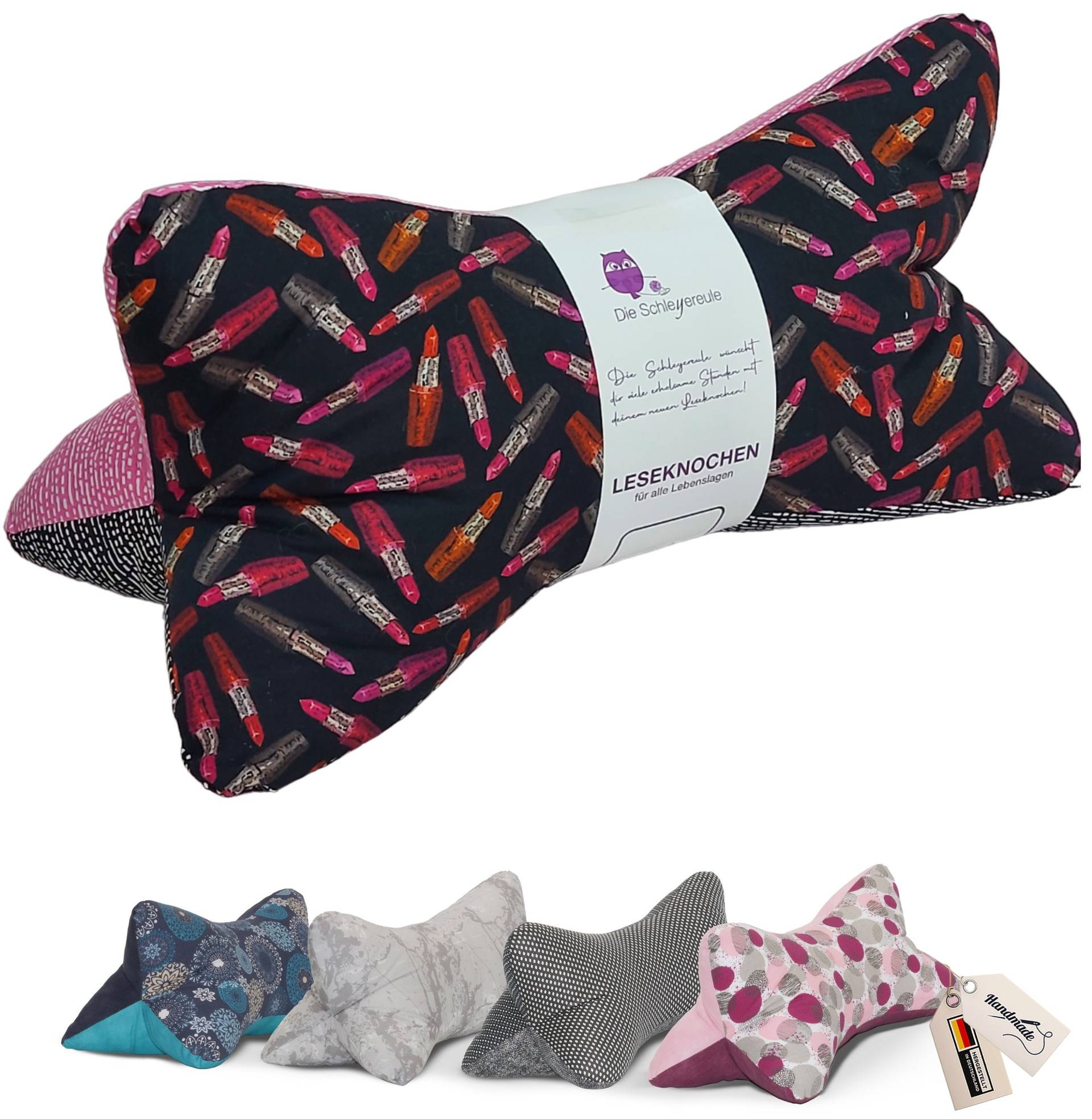 Leseknochen Lipstick | Nackenkissen Nackenrolle Kissen Tablethalter Buchstütze Nackenhörnchen Waschbar Leseknochen Lipstick | Nackenkissen Nackenrolle Kissen Tablethalter Buchstütze Nackenhörnchen Waschbar von Schleyereule