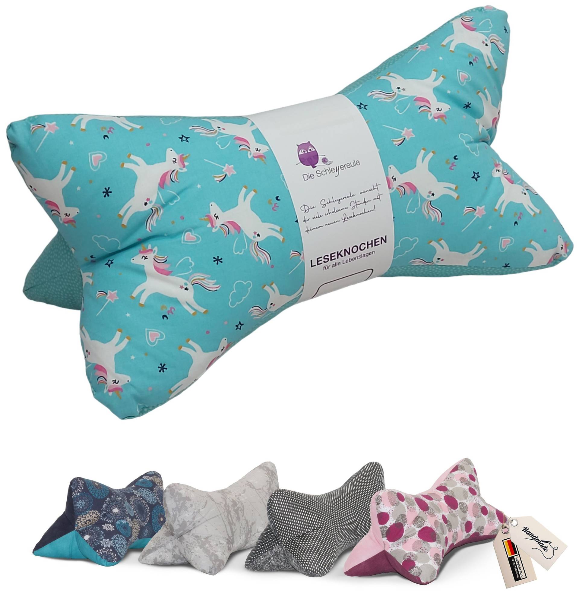 Leseknochen Unicorn Türkis | Nackenkissen Nackenrolle Kissen Tablethalter Buchstütze Nackenhörnchen Deko Waschbar Leseknochen Unicorn Türkis | Nackenkissen Nackenrolle Kissen Tablethalter Buchstütze Nackenhörnchen Deko Waschbar von Schleyereule