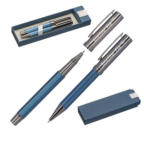 Mark® Twain Schreibset mit Box Kugelschreiber und Rollerball mit Gravur | blau schreibend | mit Wunschgravur | personalisierte Geschenke | Großraummine blau schreibend | aus Metall von Schmalz®