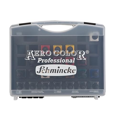 Schmincke - AERO COLOR Professional Kunststoff-Koffer, 16 x 28 ml feinst-flüssige Acrylfarben + 7 Leerflaschen für eigene Mischungen, 81 124 097, Airbrush, Acrylmalerei, Mixed Media, Acryltinte von Karin