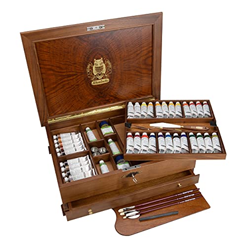Schmincke - MUSSINI feinste Harz-Ölfarben Premium Kasten Ölmalerei, 36 x 35 ml Set, 70 151 097, Edelholztruhe, umfangreiches Zubehör: 5 Malmittel, Malmesser, Zeichenkohle, 3 Davinci Pinsel, etc. von Schmincke