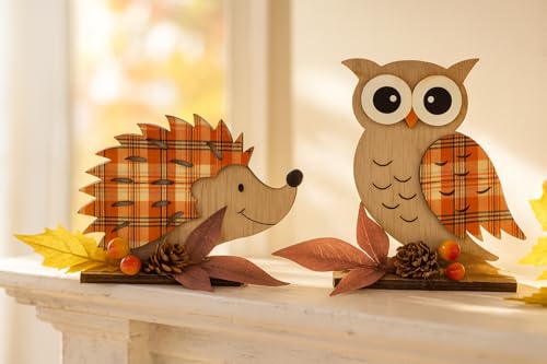 Schneemann-Versand Herbst Deko Holzfiguren Eule & Igel – Handgefertigte Herbstdekoration aus Holz, Tischdeko & Kamindeko, Natur Innenbereich von Schneemann-Versand