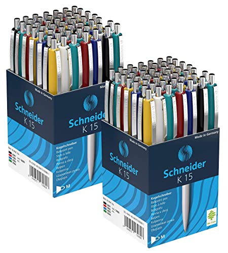 50 Schneider Kugelschreiber K15/Schreibfarbe blau/Gehäusefarbe farbsortiert (2x 50 Stück) von Schneider
