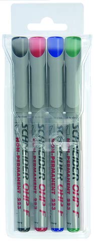 SCHNEIDER® OH-Stift, 223, F, non-permanent, 0,7 mm, Schreibfarbe: 4er sortiert (4 Stück), Sie erhalten 1 Packung á 4 Stück von Schneider