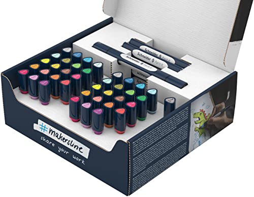 Schneider 040 Paint-It Twinmarker Set V1 (Brush Tip & 1,0 mm Rundspitze, farbintensive Tinte auf Wasserbasis, für die Anwendung auf Papier, Stifte aus 92% recyceltem Kunststoff) 52 Teile, mehrfarbig von Schneider