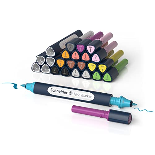 Schneider 040 Paint-It Twinmarker Set V2 (Brush Tip & 1,0 mm Rundspitze, farbintensive Tinte auf Wasserbasis, für die Anwendung auf Papier, Stifte aus 92% recyceltem Kunststoff) 27 Teile, mehrfarbig von Schneider