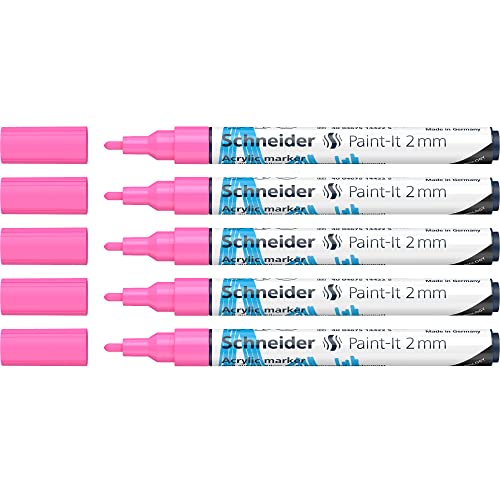 Schneider 120109 Paint-It Acrylstifte (mit 2 mm Rundspitze, hochdeckende Acrylfarben für Holz, Leinwand, Stein uvm.) 5er Pack, pink von Schneider