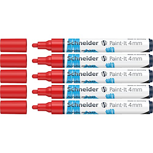 Schneider 120202 Paint-It Acrylstifte (mit 4 mm Rundspitze, hochdeckende Acrylfarben für Holz, Leinwand, Stein uvm.) 5er Pack, rot von Schneider
