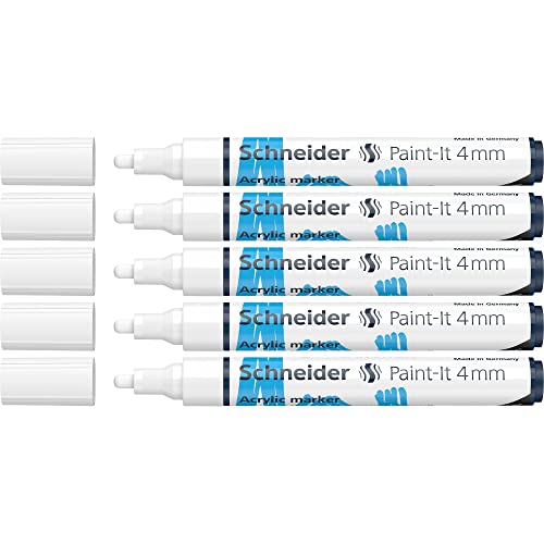 Schneider 120249 Paint-It Acrylstifte (mit 4 mm Rundspitze, hochdeckende Acrylfarben für Holz, Leinwand, Stein uvm.) 5er Pack, weiß von Schneider