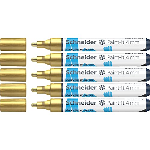 Schneider 120253 Paint-It Acrylstifte (mit 4 mm Rundspitze, hochdeckende Acrylfarben für Holz, Leinwand, Stein uvm.) 5er Pack, gold von Schneider