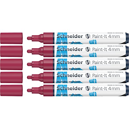 Schneider 120261 Paint-It Acrylstifte (mit 4 mm Rundspitze, hochdeckende Acrylfarben für Holz, Leinwand, Stein uvm.) 5er Pack, burgund-rot von Schneider