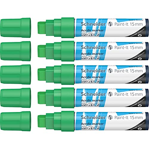 Schneider 120304 Paint-It Acrylstifte (mit 15 mm Strichbreite, hochdeckende Acrylfarben für Holz, Leinwand, Stein uvm.) 5er Pack, grün von Schneider