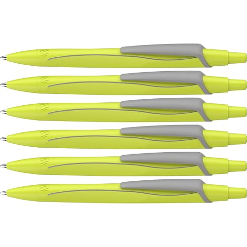 Schneider 131925 Reco Neon Edition Kugelschreiber (aus recyceltem Kunststoff, ausgezeichnet mit Der blaue Engel, Schreibfarbe: blau) neon gelb, 6 Stück von Schneider