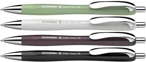 Schneider 132684 Slider Rave XB Kugelschreiber (Limitierte Sonderedition, je 1x organic green, silver grey, plum, schwarz, Made in Germany) 4 Stück, Schreibfarbe: blau von Schneider
