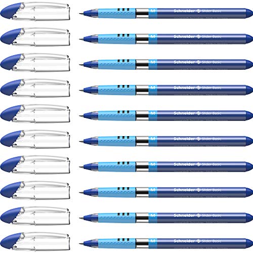 Schneider 151103 Slider Basic Kugelschreiber (Kappenmodell mit Soft-Grip-Zone, Strichstärke M) 10er Pack, blau von Schneider