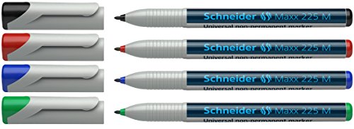 Schneider 225 M Universal-Marker (Non-Permanent, feucht abwischbar, 1,0 mm) 4er Etui schwarz/rot/blau/grün von Schneider